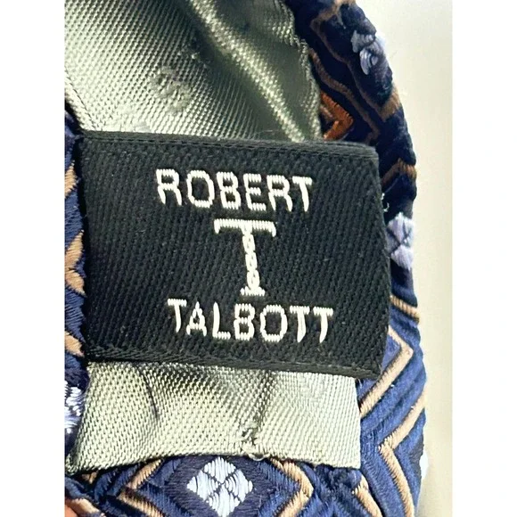 Robert Talbots Navy Blue Orange Geometric Square Pattern Silk Mens Tie